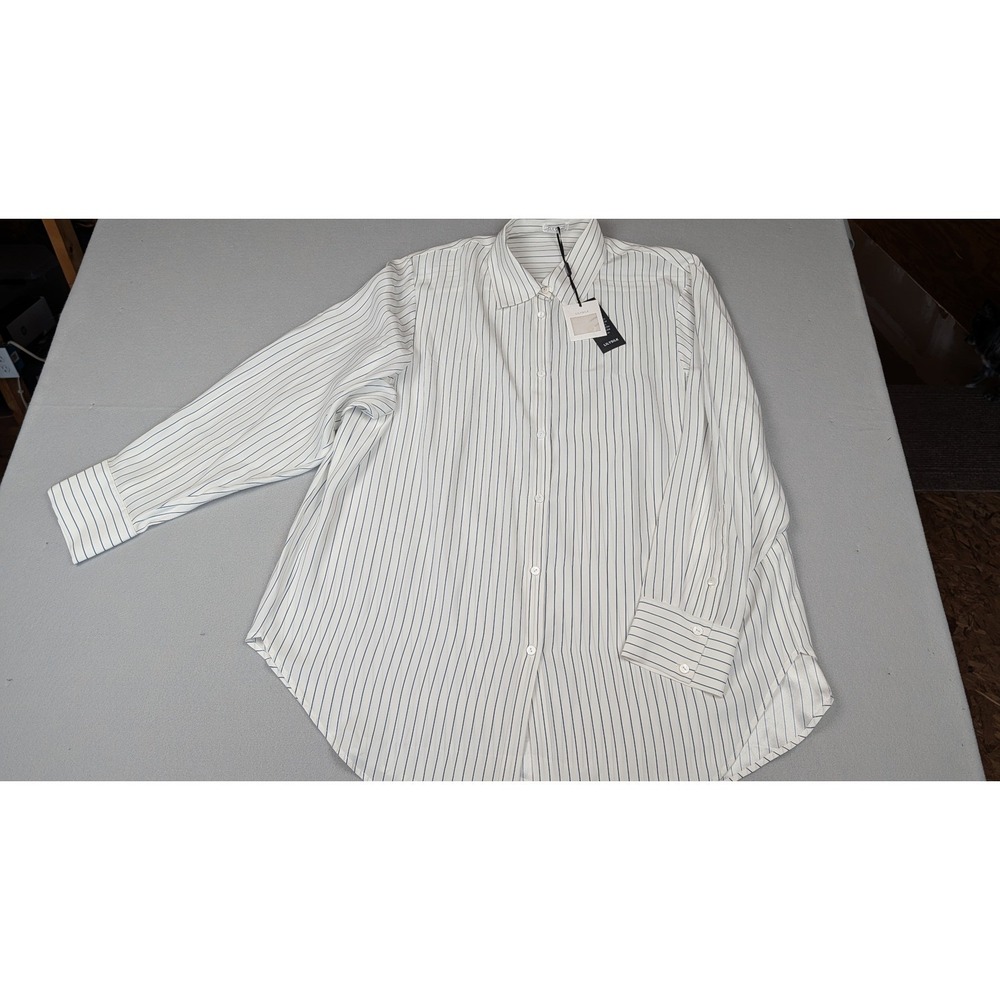 Lilysilk Womens XXL White Navy Blue Pinstripe Silk Button Down Shirt Long Sleeve